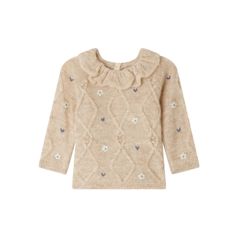 Bonpoint Embroidered Floral Cardigan 3A Beige Ruffle Collar‎ Knit Sweater Girls